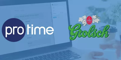 Laptop met afbeelding van Protime software en de logo's van Protime en Grolsch