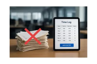 Comparación en oficina entre hojas de control horario en papel y un registro digital en tablet con software de RRHH