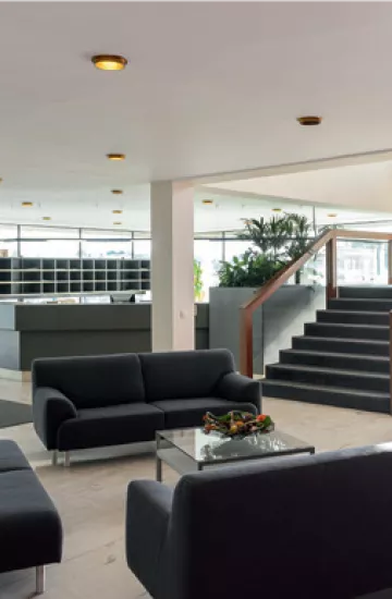 living room with black seats
